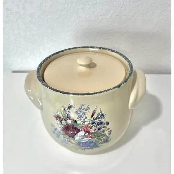 Home & Garden Party Lg Stoneware Ceramic Pot with Handles Lid and Floral Design - Picture 2 of 16